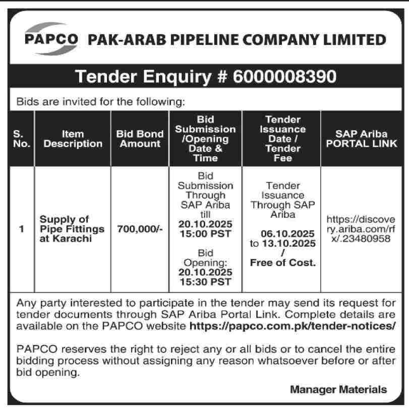 Pak-Arab Pipeline Company Limited Tender Notice 2